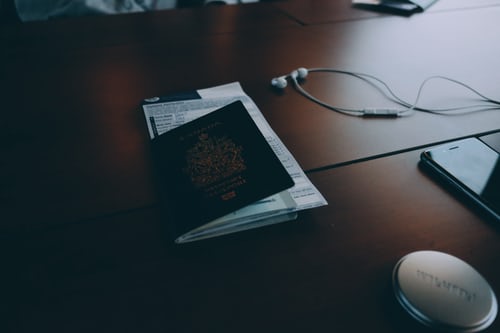 A passport on a wooden table